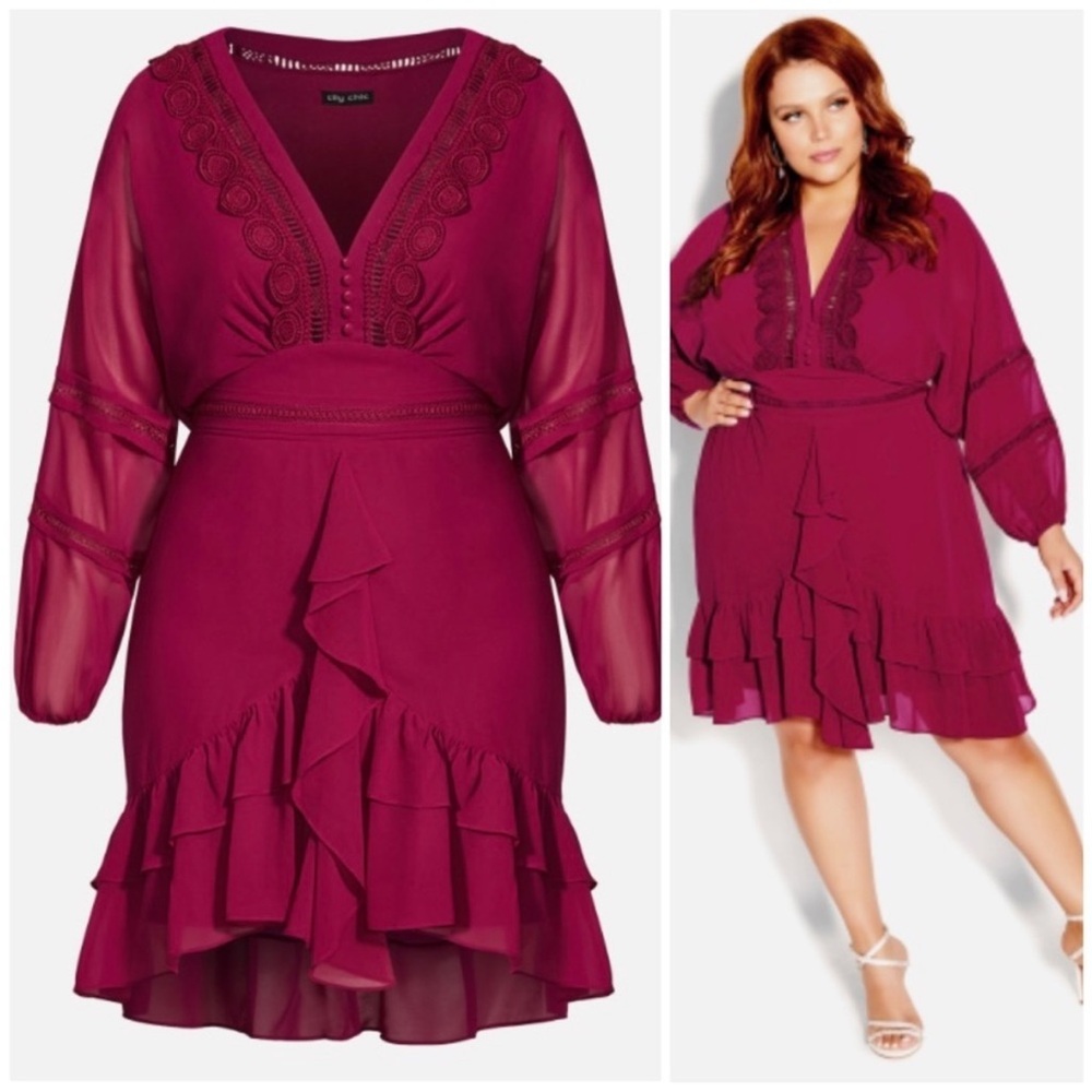 NWT City Chic Sweetheart Embroidered V-Neck Bohemian Dress in Fuchsia size 16